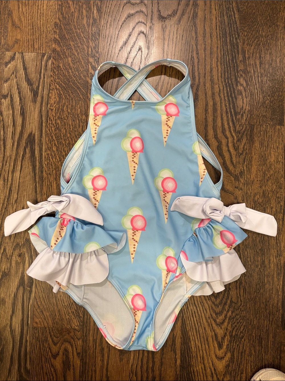 Girls Light Blue Ice Cream Print One-Piece Swimsuit with Ruffle Bows